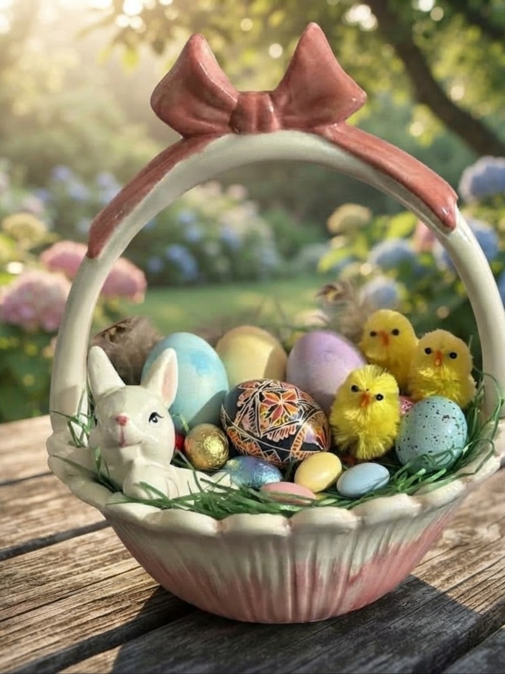 Vintage Ceramic bunny basket with a pink bow and floral motif